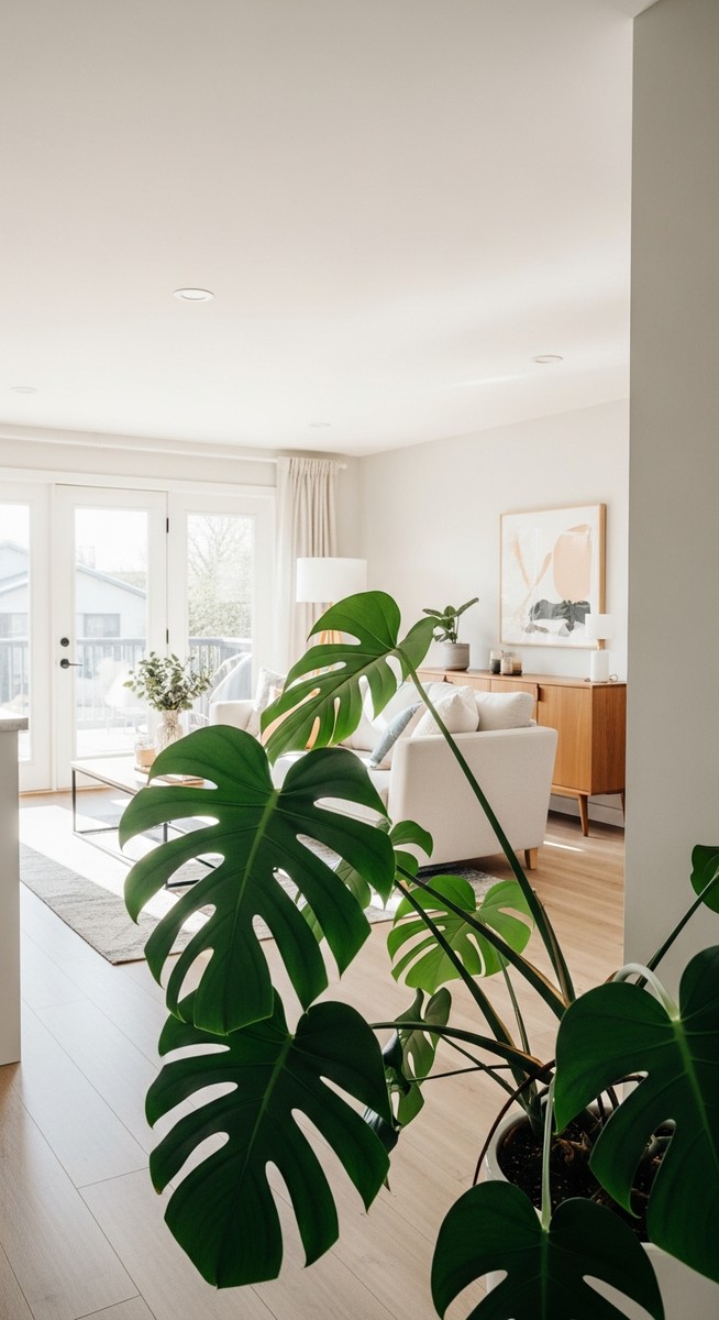 a monstera plant as a key decorative element in a bright home interior