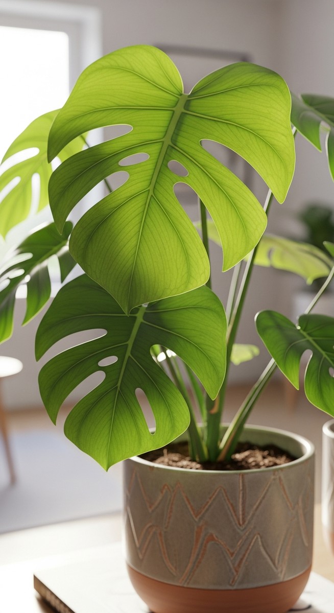 close-up of a monstera plant in a stylish pot in a bright home interior, for hanging monstera