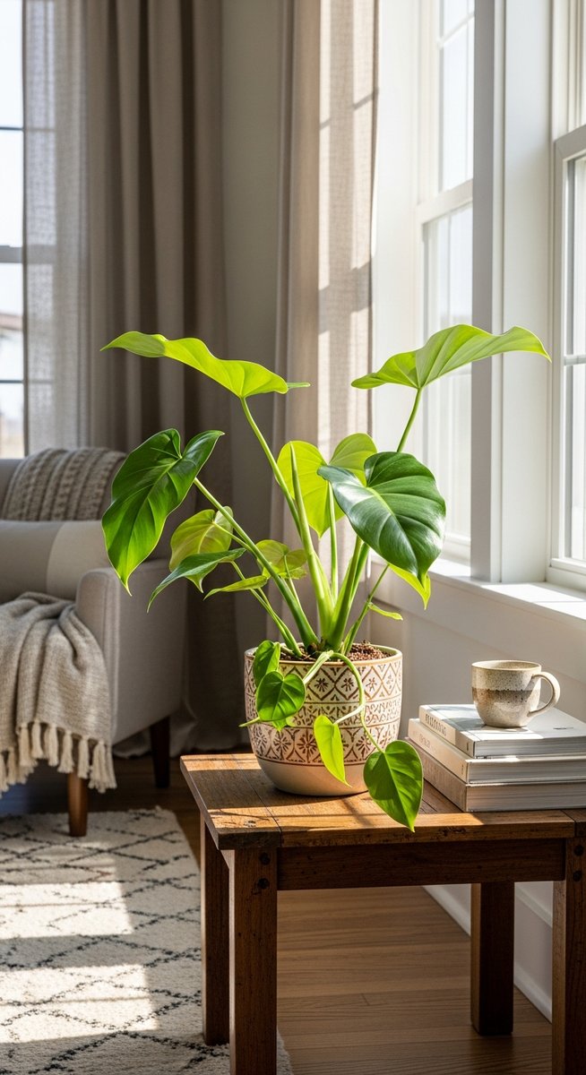 a philodendron plant in a decorative pot as a focal point in a bright home interior