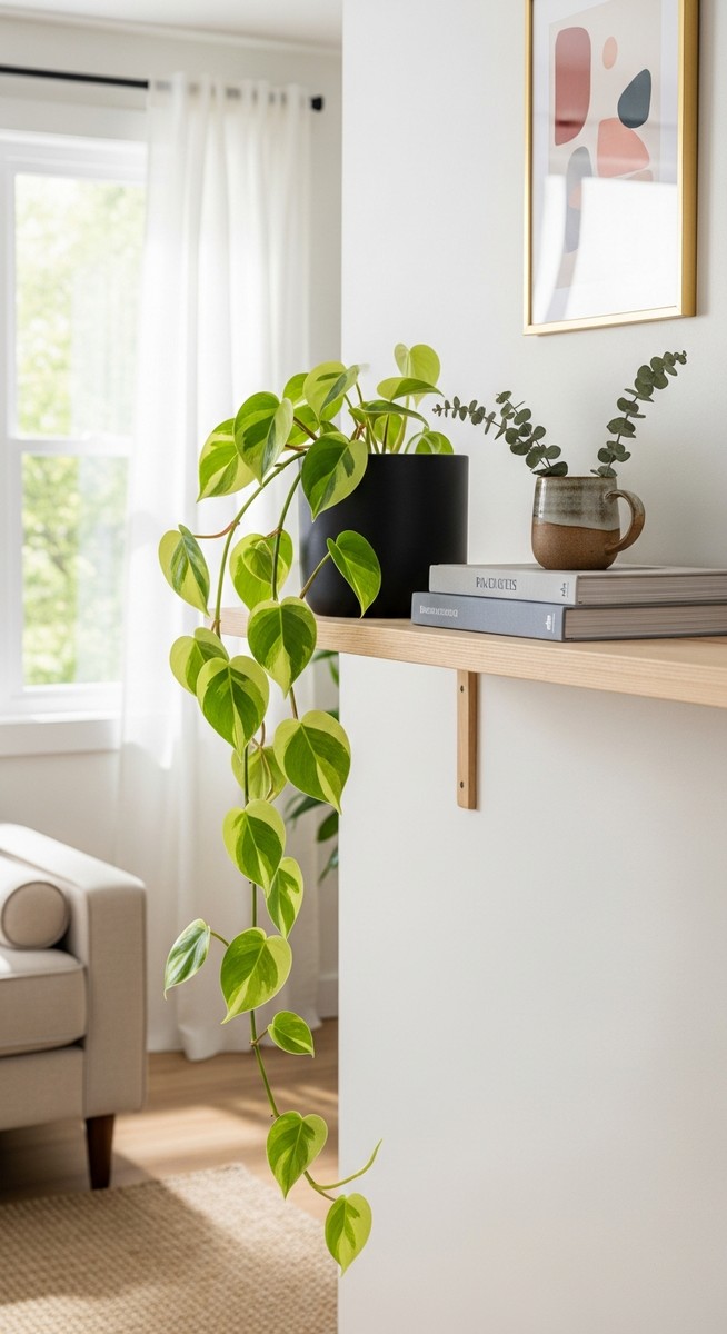 a philodendron plant displayed on a shelf in a bright home interior, for hanging philodendron