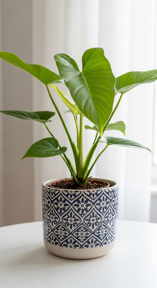 close-up of a philodendron plant in a stylish pot in a bright home interior, for hanging philodendron
