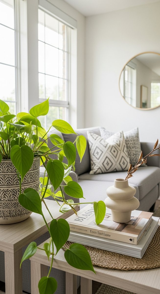 a philodendron plant paired with decorative objects in a bright home interior