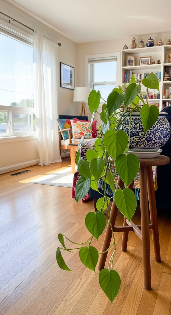a philodendron plant displayed prominently in a bright home interior, for hanging philodendron