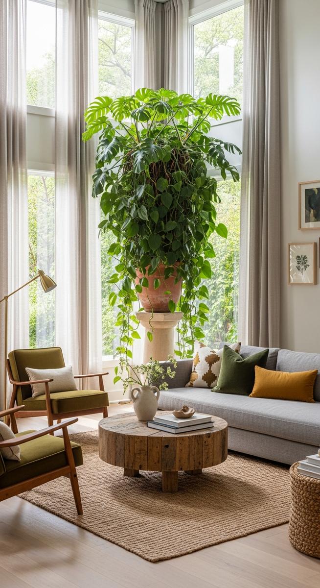 a styled bright home interior with a philodendron plant as the centrepiece
