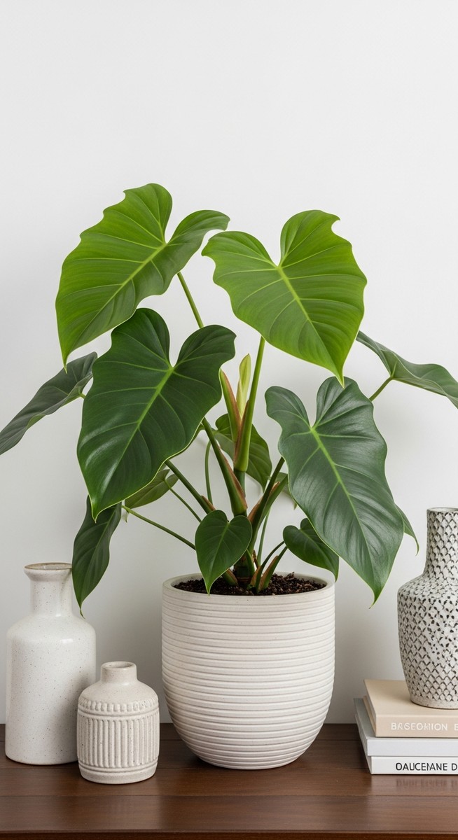 a philodendron plant paired with decorative objects in a bright home interior