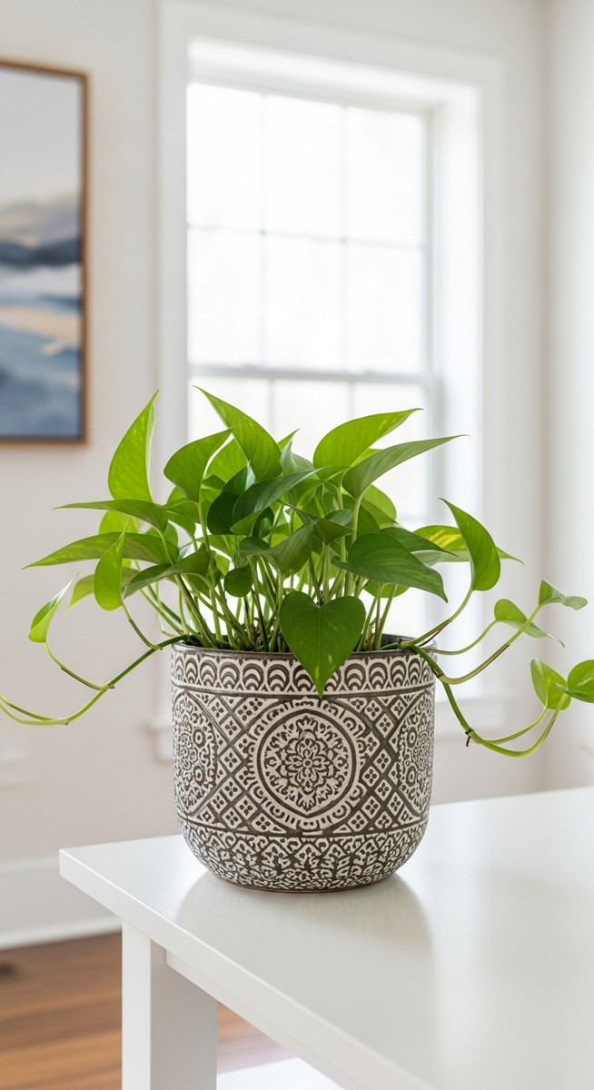 a pothos plant in a decorative pot as a focal point in a bright home interior