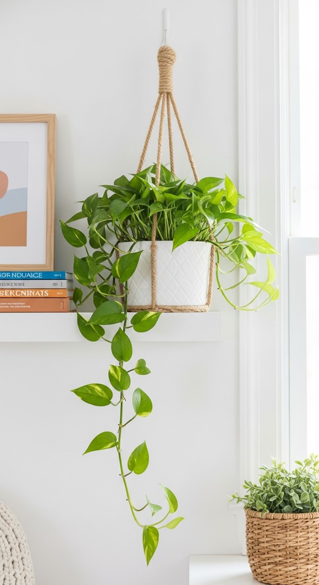 a pothos plant displayed on a shelf in a bright home interior, for hanging pothos plant