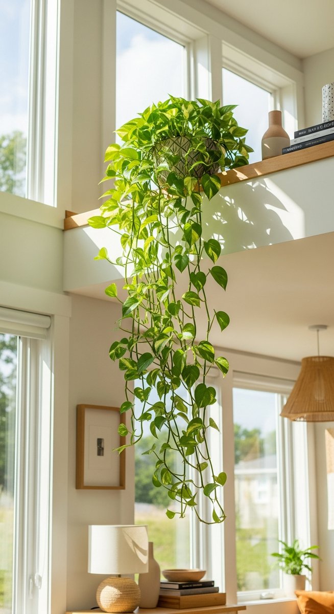 a pothos plant displayed prominently in a bright home interior, for hanging pothos plant