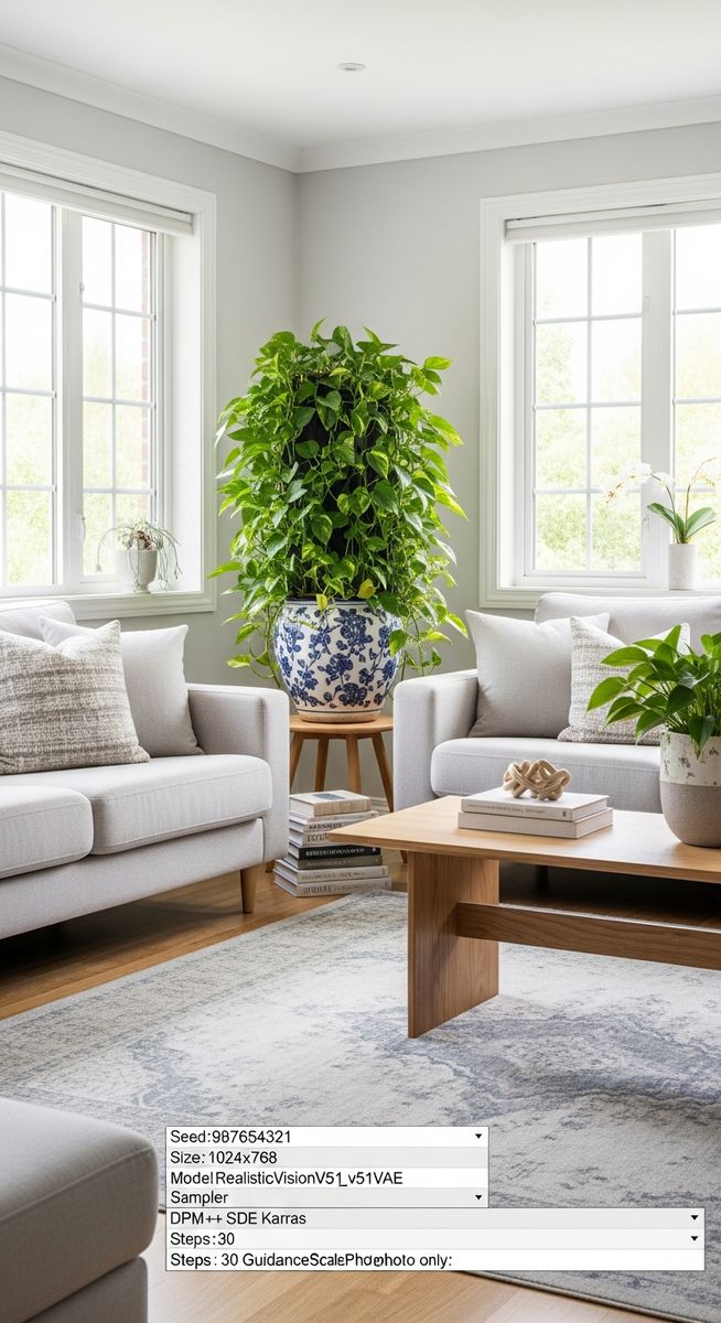 a styled bright home interior with a pothos plant as the centrepiece