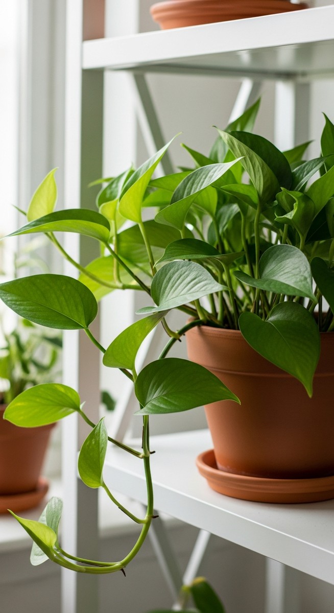 a lush pothos plant in a terracotta pot on a white shelf