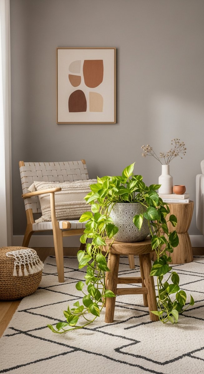 a large thriving pothos plant as a living room focal point, for harlequin pothos