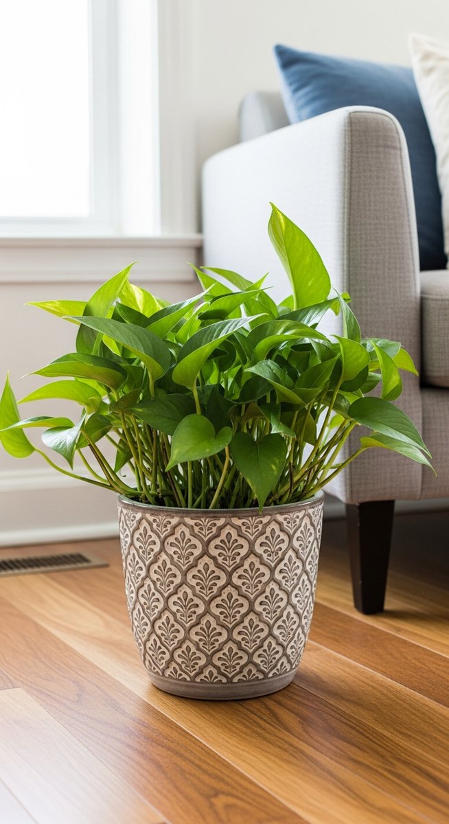 a pothos plant in a decorative pot on a wooden floor