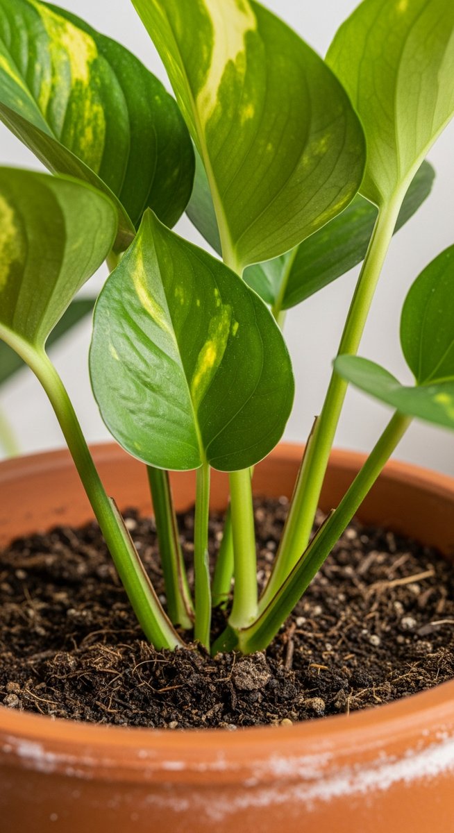 close-up of the base and lower leaves of a pothos plant, for harlequin pothos