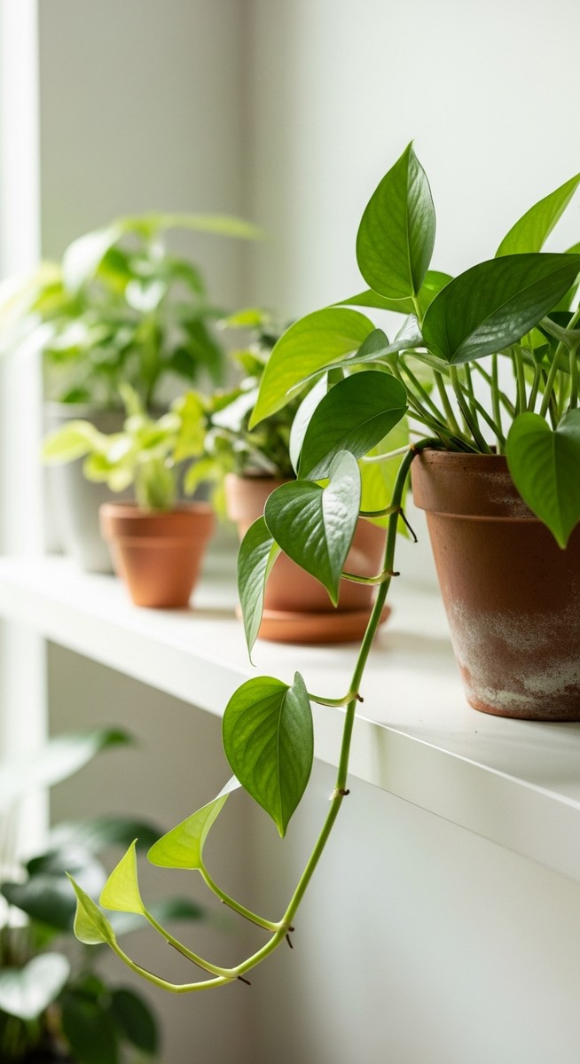 a lush pothos plant in a terracotta pot on a white shelf