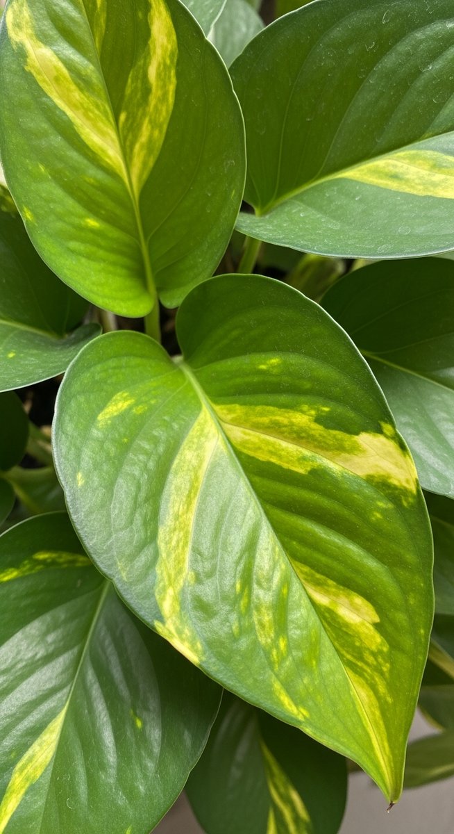 close-up of healthy pothos leaves showing vivid colour and texture, for hawaiian pothos