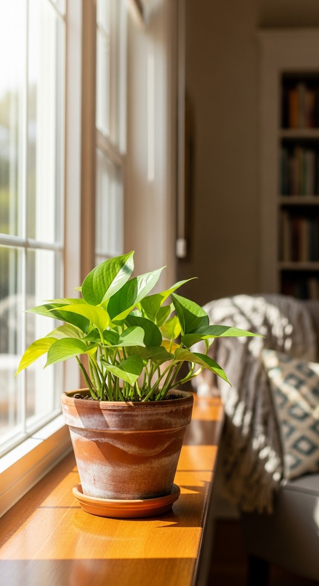 a pothos plant in a pot near a bright window