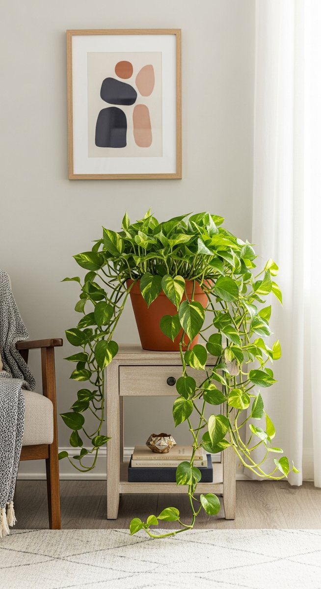 a large thriving pothos plant as a living room focal point, for hawaiian pothos