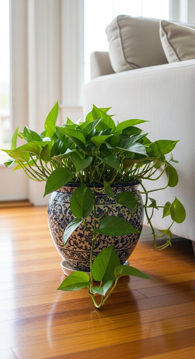 a pothos plant in a decorative pot on a wooden floor