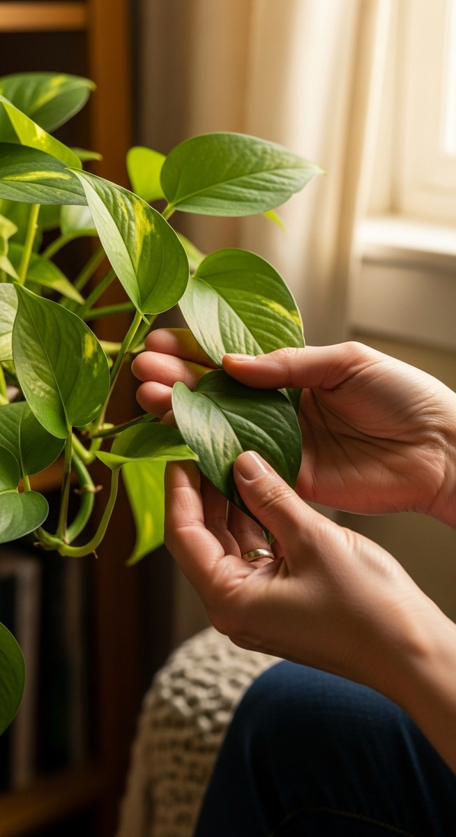 hands touching the leaves of a healthy pothos plant