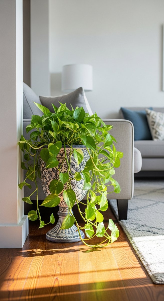 a pothos plant in a decorative pot on a wooden floor