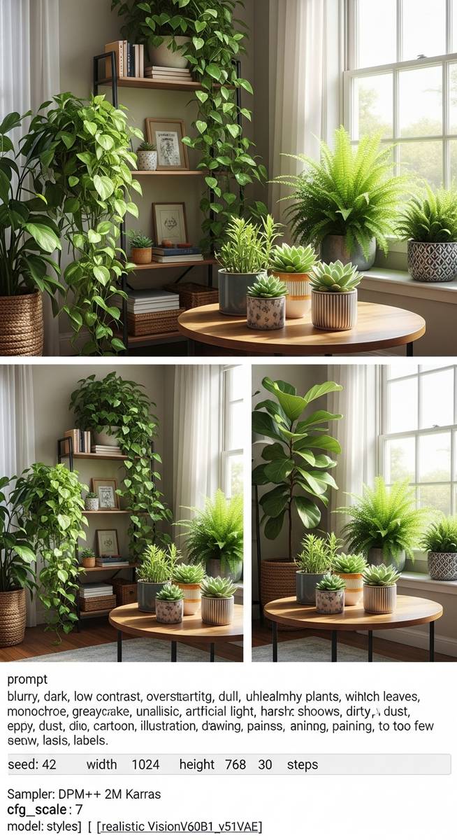 a bright home interior featuring several houseplants on shelves