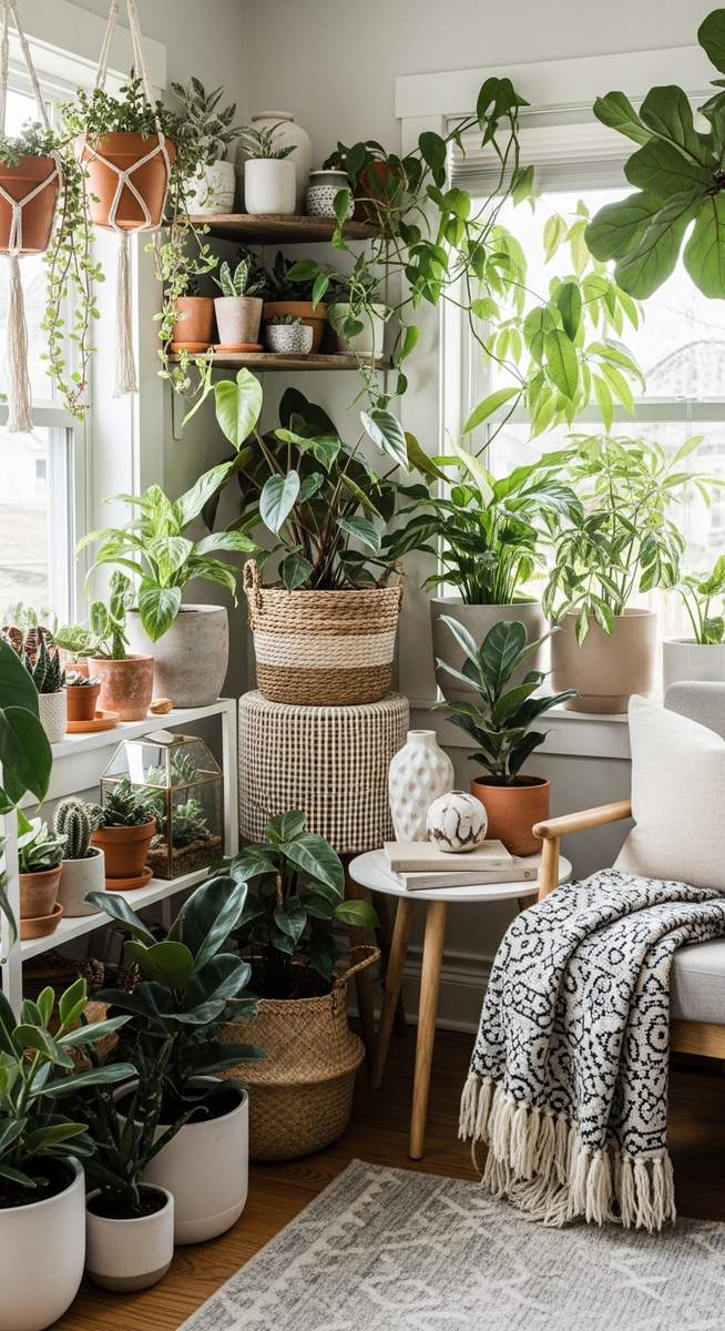 a styled home corner with multiple houseplants of different types, for herbs never grow indoors