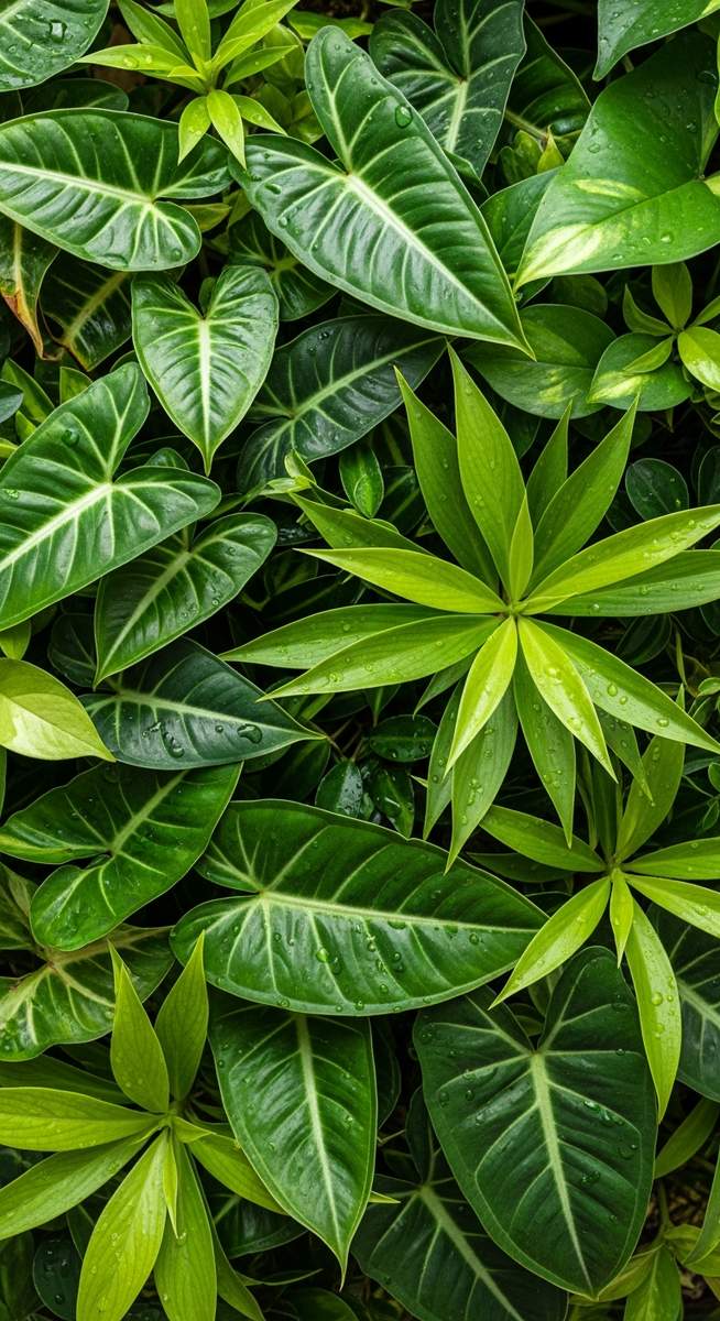 close-up of lush leaves from a variety of different houseplant species