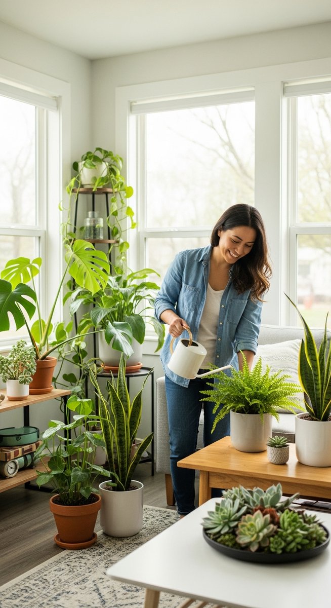 a person tending to a collection of houseplants in a bright home, for herbs never grow indoors