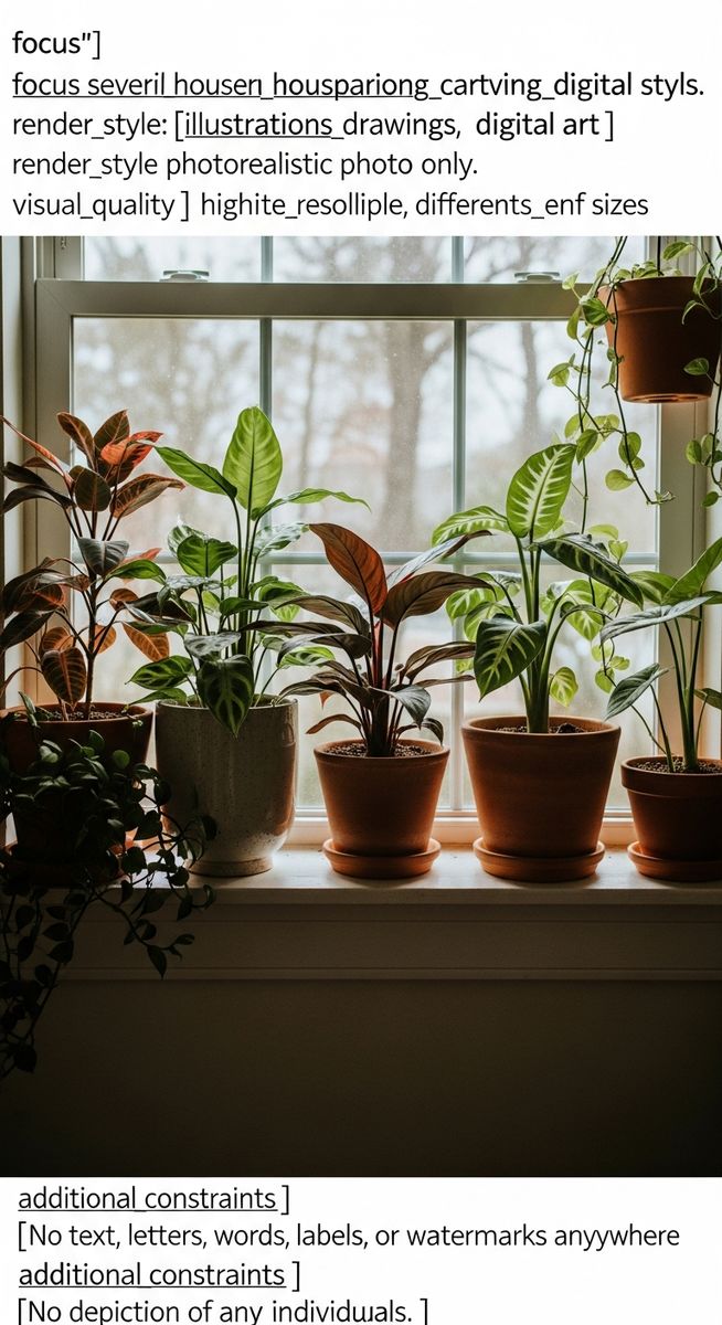several houseplants of different species on a windowsill in natural light