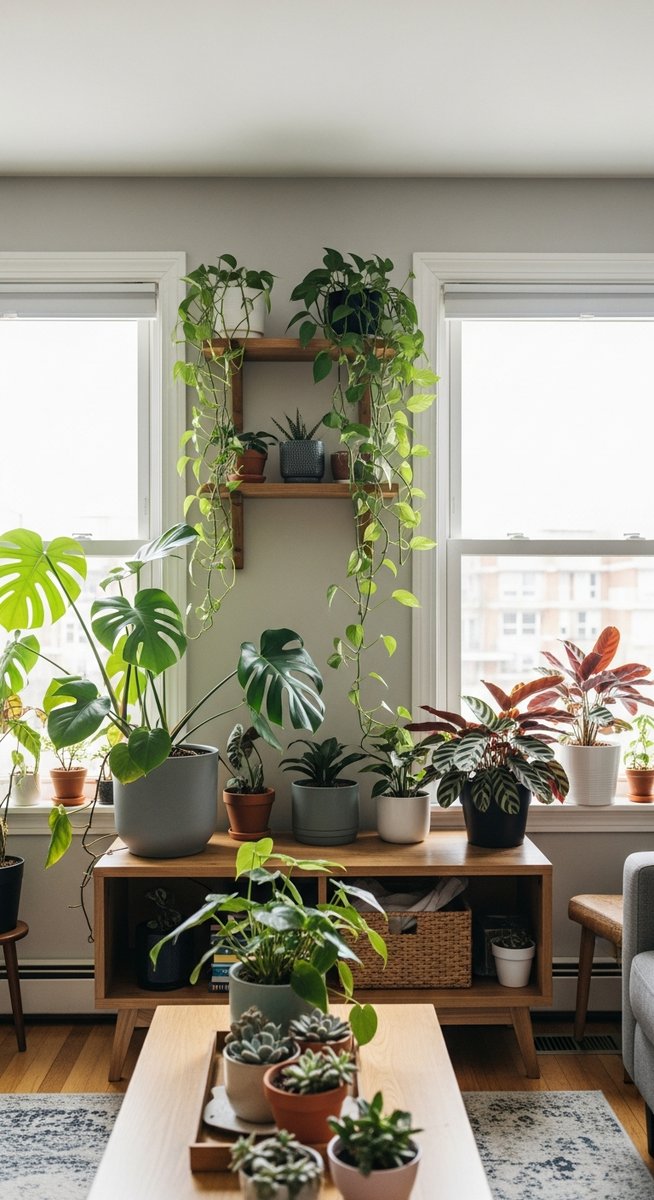 wide shot of a plant-filled home interior with multiple houseplant species