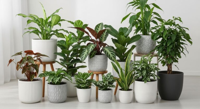 a collection of popular houseplants in decorative pots in a bright home, for herbs never grow indoors