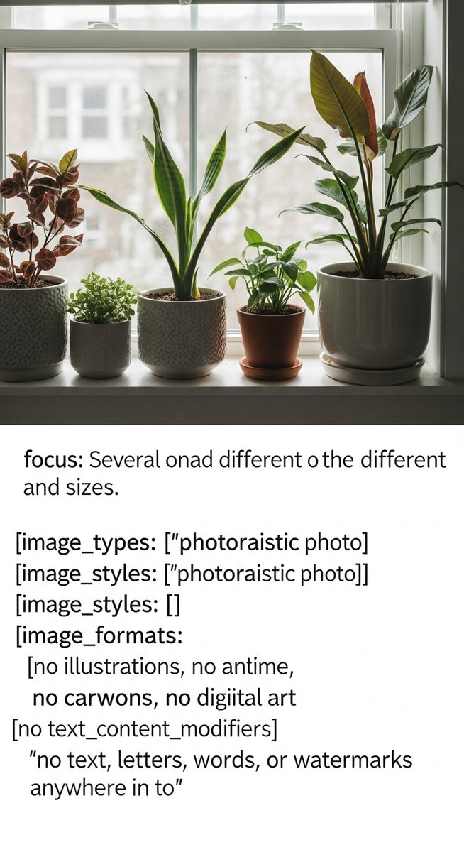 several houseplants of different species on a windowsill in natural light