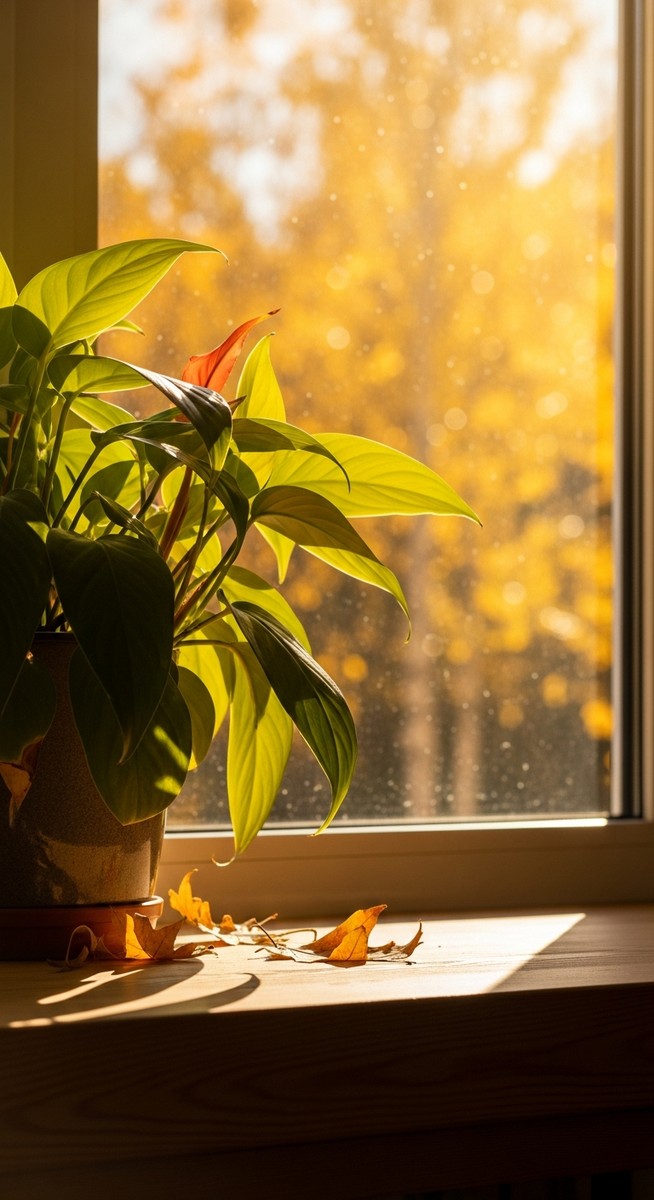 a houseplant care fall plant on a windowsill in autumn, for houseplant care fall