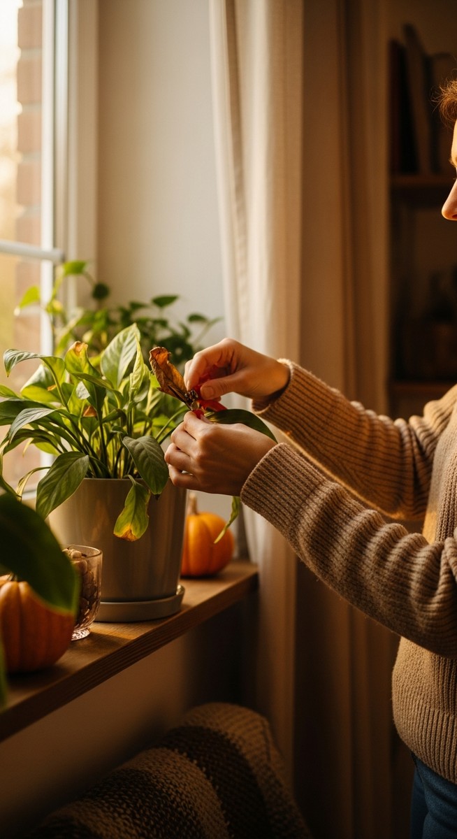 a person tending to a houseplant care fall plant in autumn, for houseplant care fall