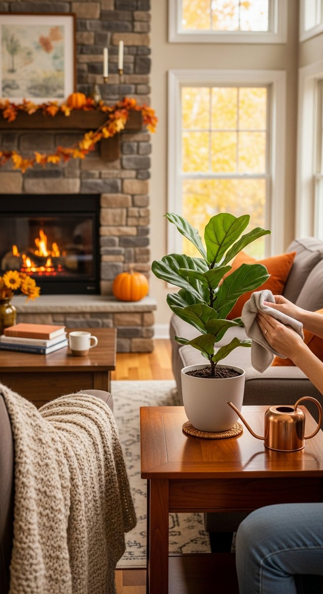 a home interior in autumn featuring a houseplant care fall plant, for houseplant care fall