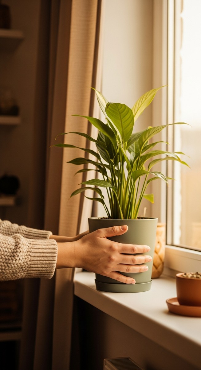 a person caring for a houseplant care fall plant near a window in autumn