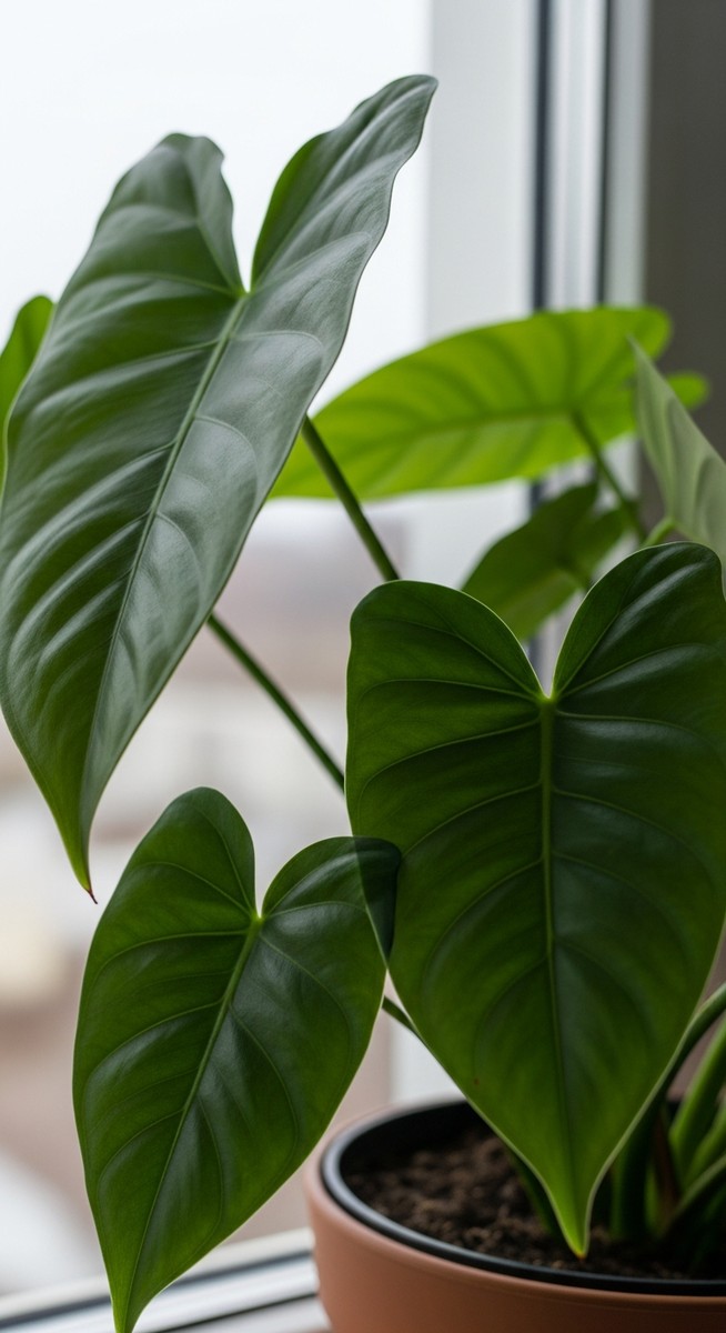 close-up of houseplant care spring plant leaves with natural spring light
