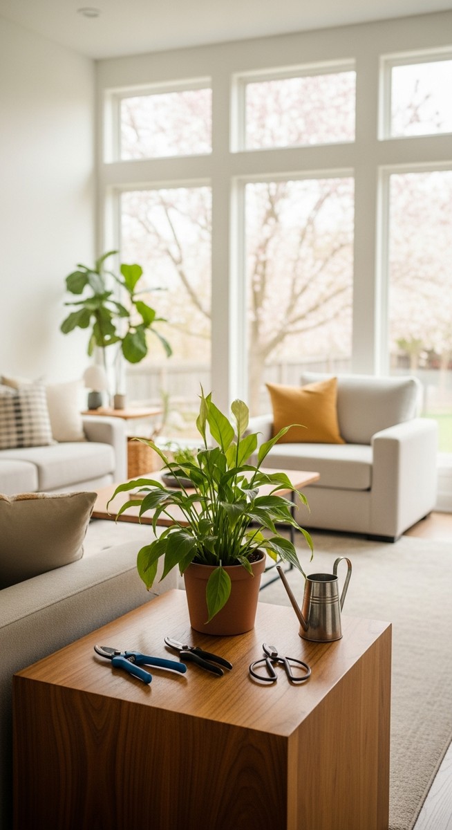 a home interior in spring featuring a houseplant care spring plant, for houseplant care spring