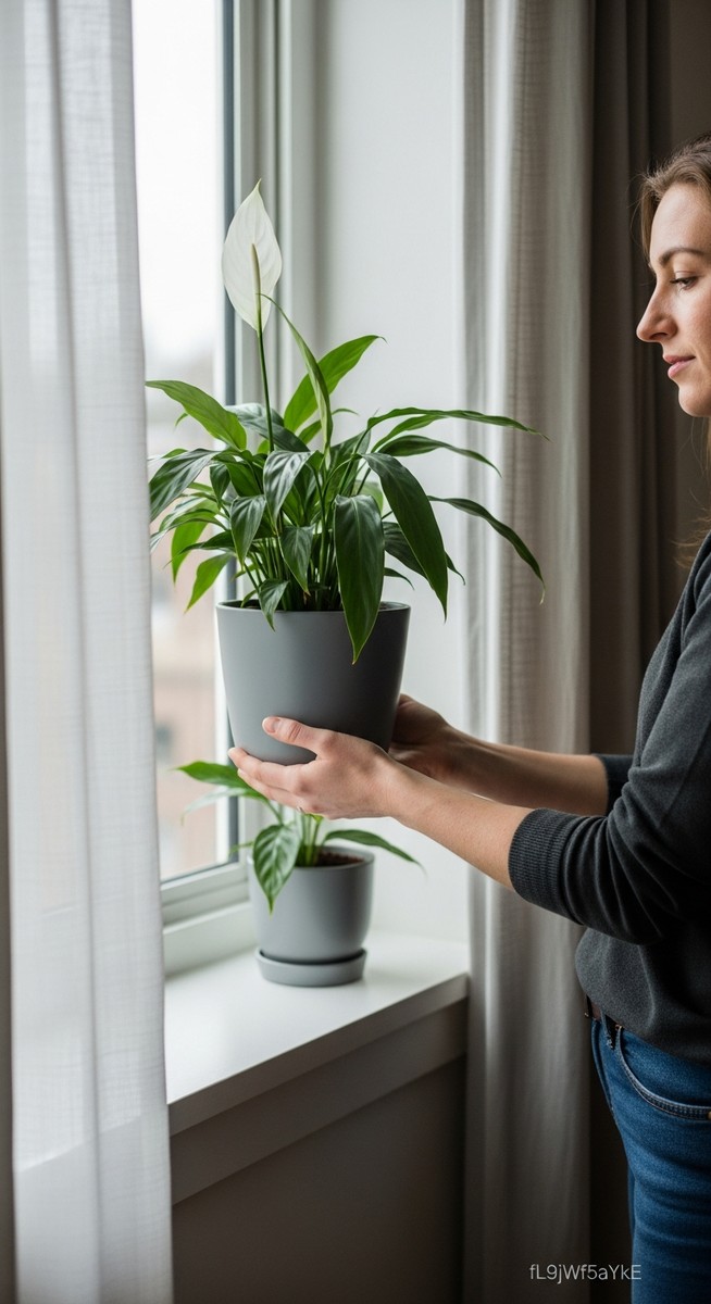 a person caring for a houseplant care spring plant near a window in spring
