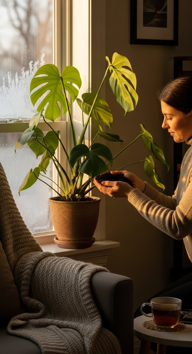 a person tending to a houseplant care winter plant in winter, for houseplant care winter