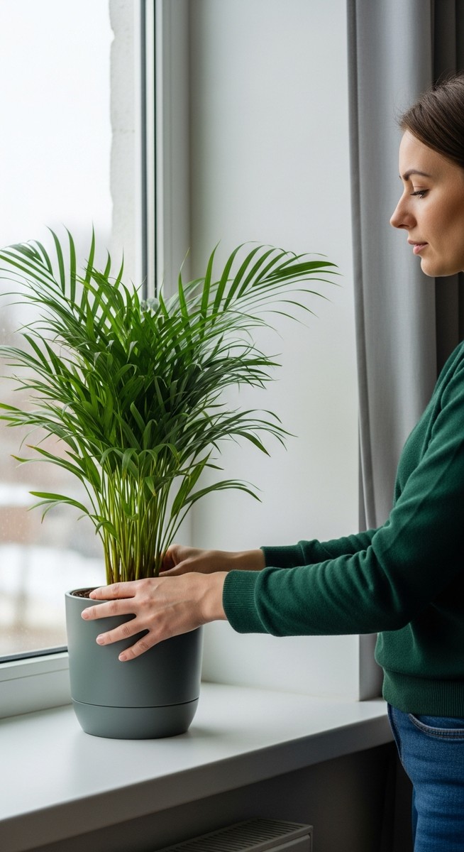 a person caring for a houseplant care winter plant near a window in winter