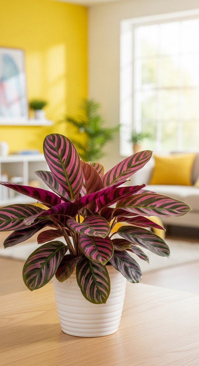 A colourful tropical houseplant with striking leaf colours or variegation such a, for houseplants change color