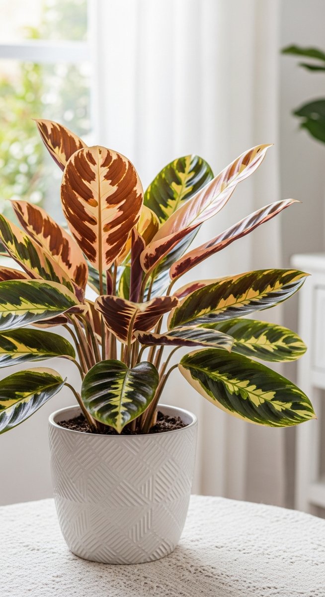 A colourful tropical houseplant with striking leaf colours or variegation such a