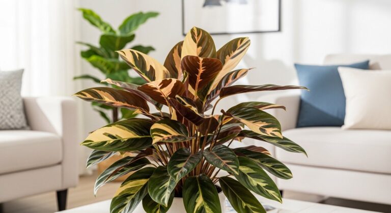 A colourful tropical houseplant with striking leaf colours or variegation such a, for houseplants change color