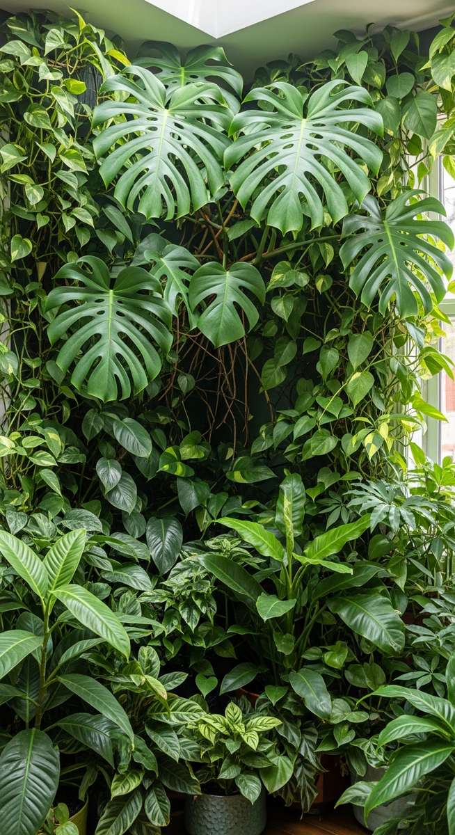 A lush collection of large tropical houseplants including monstera and other lea, for houseplants jungle