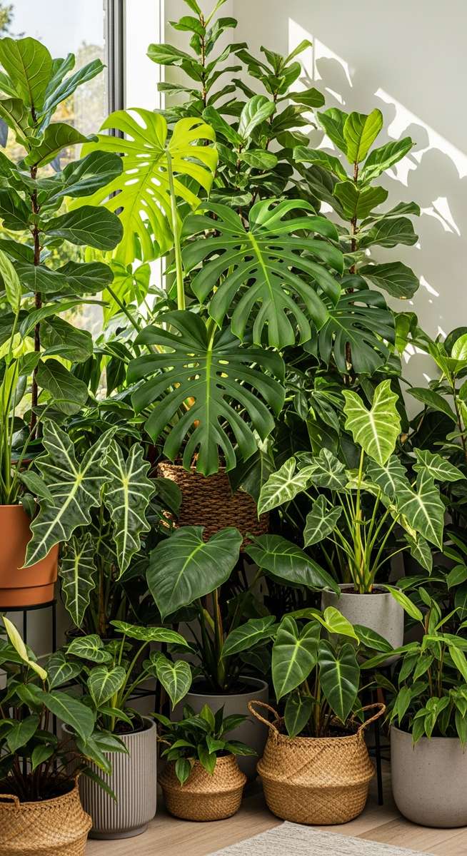 A lush collection of large tropical houseplants including monstera and other lea, for houseplants jungle