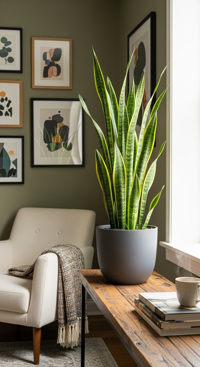 A healthy houseplant such as a pothos or snake plant in a decorative pot without, for houseplants no drainage