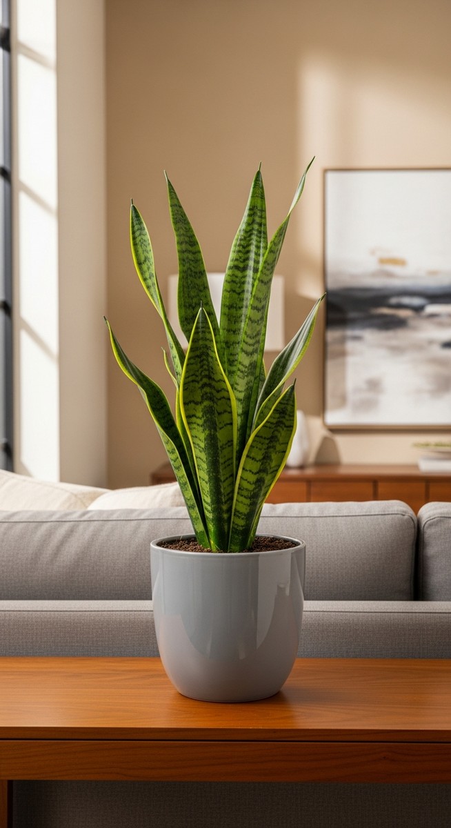 A healthy houseplant such as a pothos or snake plant in a decorative pot without