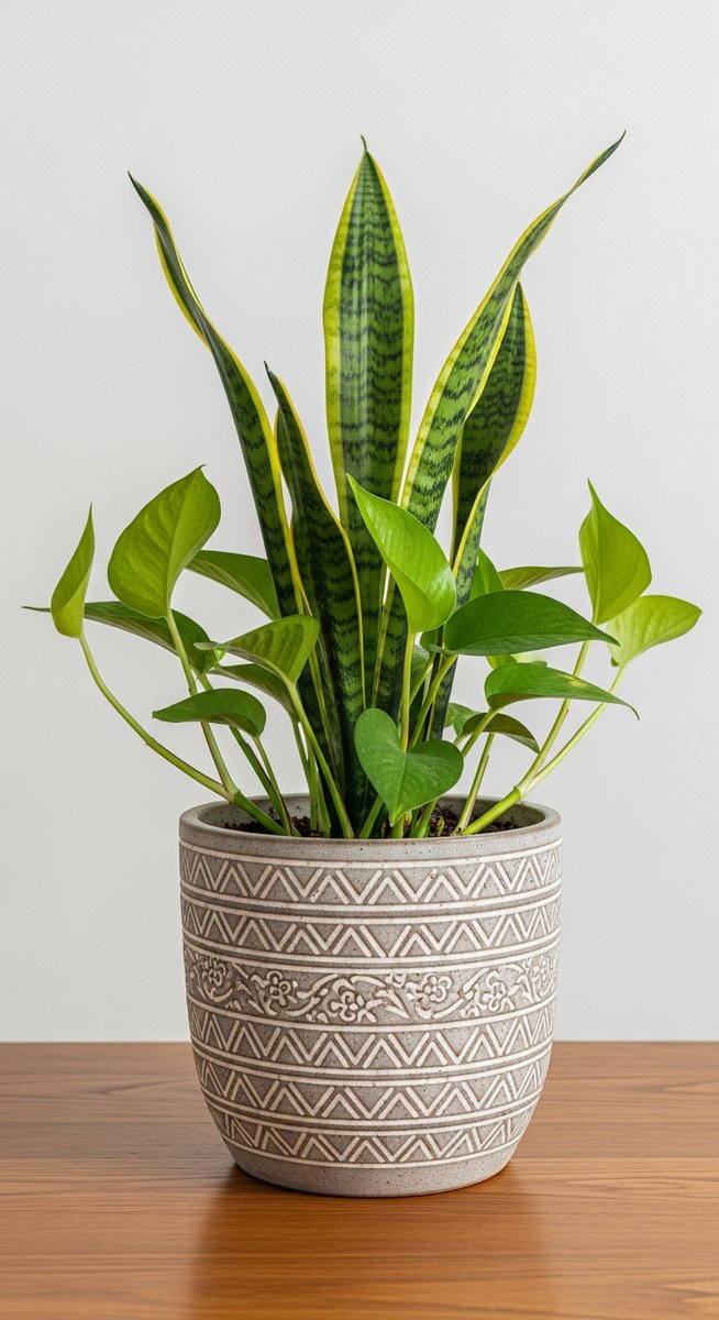 A healthy houseplant such as a pothos or snake plant in a decorative pot without