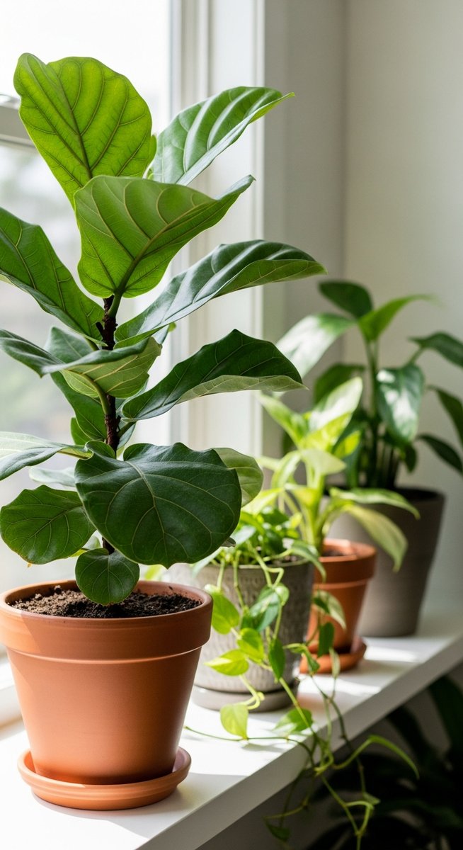a lush fiddle leaf fig plant in a terracotta pot on a white shelf